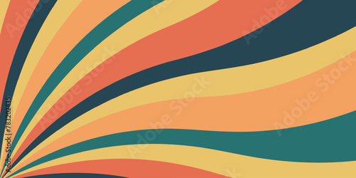 Retro background with curved beams or stripes from the 60s, 70s, 80s. Rotating spiral stripes. Colorful retro wave striped vintage sun flare. Vector illustration