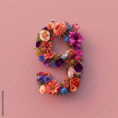 Colorful number nine made of various flowers isolated on pink background. Spring theme. The date for the celebration, card, banner