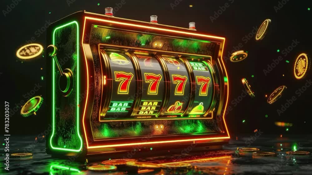 A slot machine with a green and red background and a green and red slot machine. There are many coins scattered around the machine A slot machine with a green and red background and a green and red slot machine. There are many coins scattered around the machine