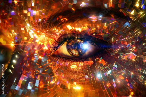 Illustration of a girl's eyes close-up with sequins and reflections, surrounded by bright colors and sparkling lights