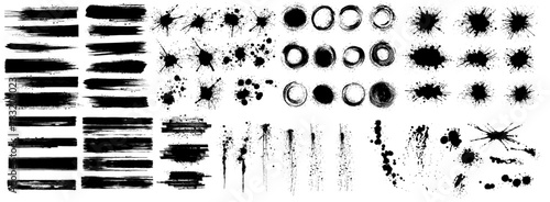 Ink splashes. Black inked splatter dirt stain splattered spray splash with drops blots isolated. Ink splashes stencil.