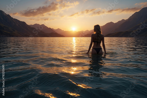 Young woman in bikini, teenage girl, tourist on the beach, watching the sunset in the ocean. Beautiful nature. © Oleksandr