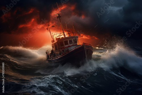 A boat is in the ocean with a stormy sky in the background