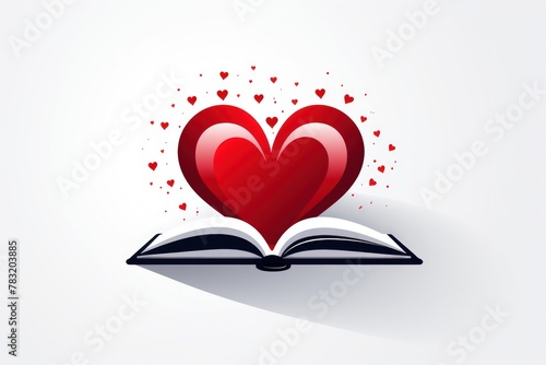 A heart is open to reveal a book with many hearts surrounding it
