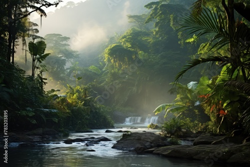 A lush jungle with a river flowing through it