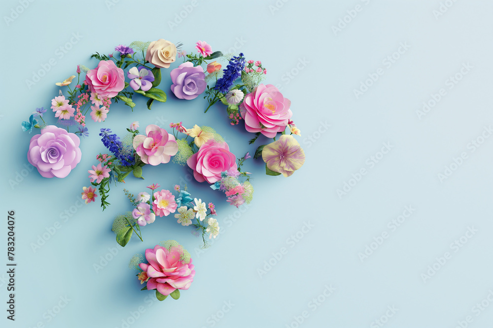 Flower creative layout made of internet wireless sign. Wi-Fi on pastel blue background. Minimal spring concept. Copy space. Flower creative layout made of internet wireless sign. Wi-Fi on pastel blue background. Minimal spring concept. Copy space.