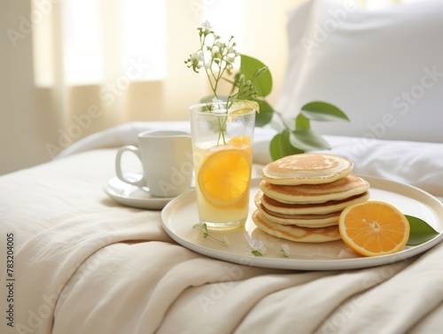 A stack of fluffy pancakes with orange slices and juice sits on a tray