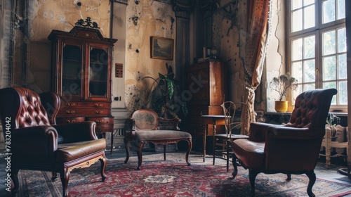 A historical building setting with vintage furniture, hosting a meeting with a long-standing client photo