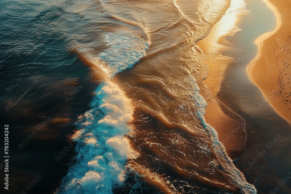 Ocean waves crash on sandy beach during sunset from aerial view