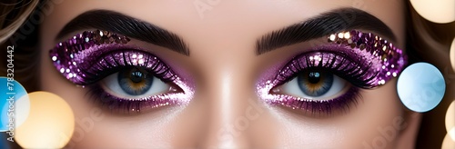 Woman's eyes stare closeup purple glitter makeup beauty photography