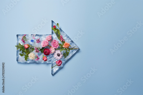 Creative an arrow pointing to the right which is made of ice with fresh flowers inside on pastel blue background. Minimal spring concept.