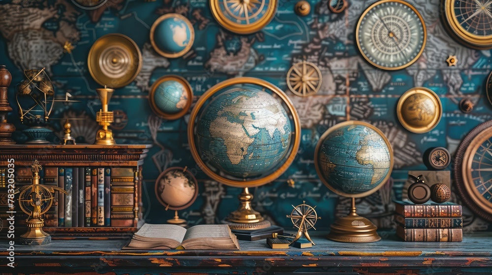 banner background National Cherish An Antique Day theme, and wide copy space, Surreal depiction of antique globes and maps merging with celestial elements,