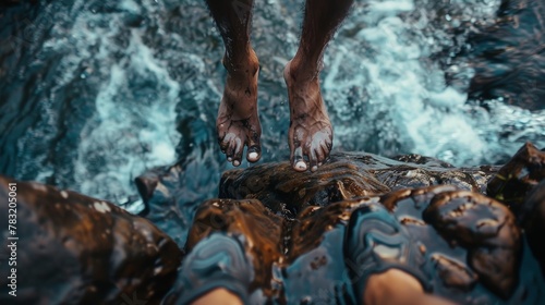 A man is standing on a rock in the water with his feet in the water