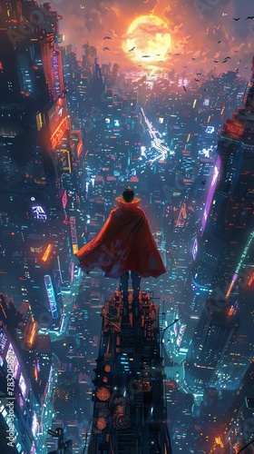 Illustrate a high-angle view scene of a superhero flying over a futuristic cityscape in pixel art style with bold, vibrant colors