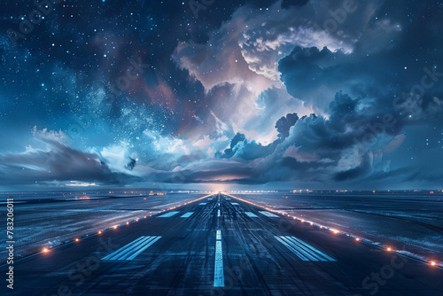 Craft a surreal image of an airport runway transformed into an otherworldly landscape, with the tarmac replaced by swirling clouds and the runway lights resembling distant stars in the night sky  photo