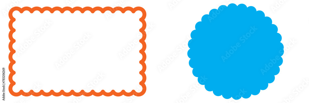 Set of square, rectangle, circle and oval shapes with wavy edges. Empty text boxes, tags, labels or stickers templates with undulate borders isolated on white background. Vector graphic illustration. Set of square, rectangle, circle and oval shapes with wavy edges. Empty text boxes, tags, labels or stickers templates with undulate borders isolated on white background. Vector graphic illustration.