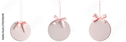 Set of simple white flat ceramic round ornament hanging on pink ribbon, Christmas decor, isolated on transparent background © juliiapanukoffa