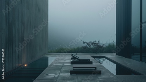 architecture photography, contemporary and minimalistic design, dark colors, natural warm light, fog © paisorn