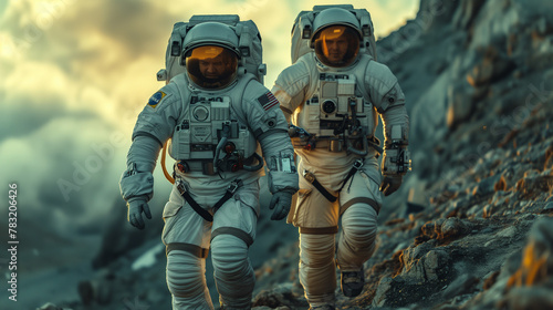 Astronauts in spacesuits walk along the mountain