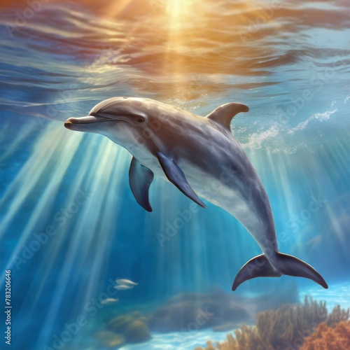 An enchanting underwater scene featuring a curious dolphin