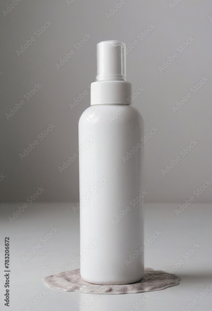 A bottle of facial cleanser, Mousse, white studio setting in editorial photography A bottle of facial cleanser, Mousse, white studio setting in editorial photography