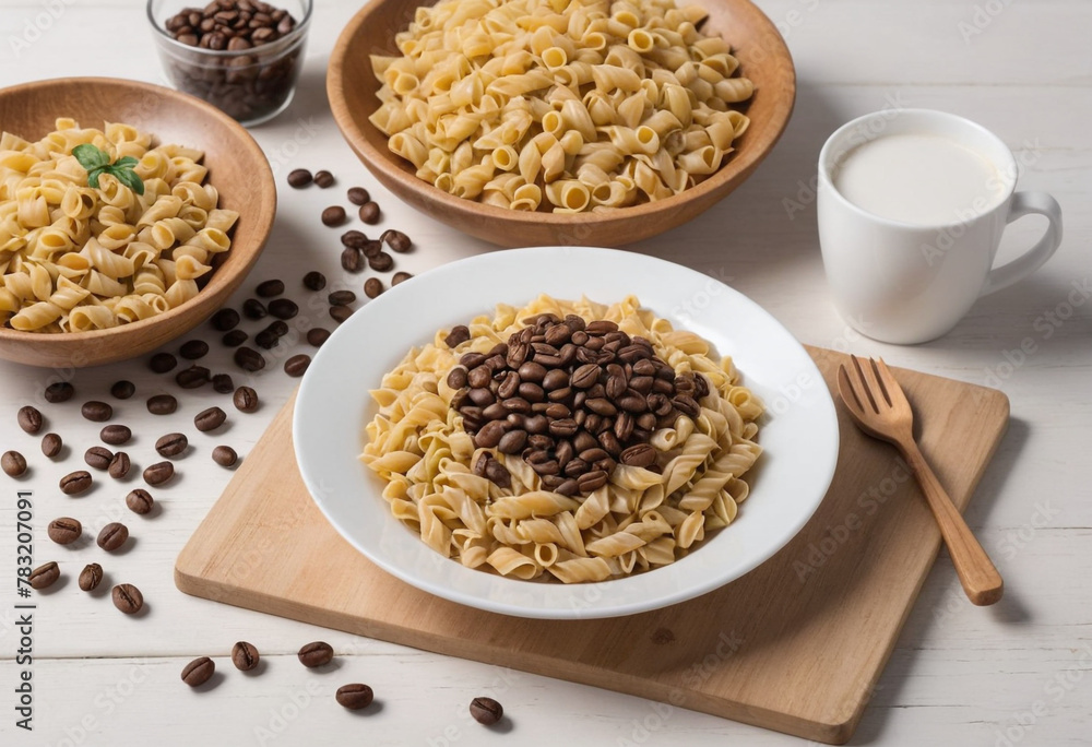 a High borosilicate glass, coffee beans, pasta, on a wooden table a High borosilicate glass, coffee beans, pasta, on a wooden table