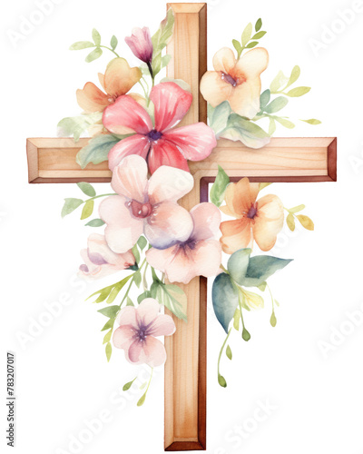 Watercolor, a wood cross with flowers, isolated on transparent background © juliiapanukoffa