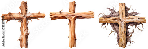 Set of watercolor wood cross made from a tree, isolated on transparent background