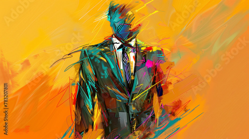 anonymous man in suit, colorful abstract painting  