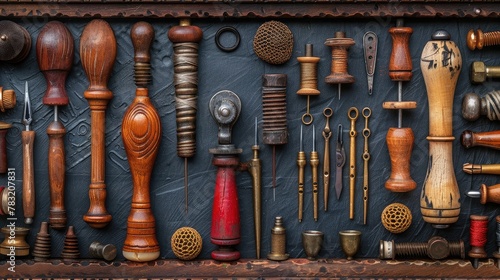 banner background National Cherish An Antique Day theme, and wide copy space, Abstract composition of antique sewing tools like thimbles and needles arranged in a dynamic 