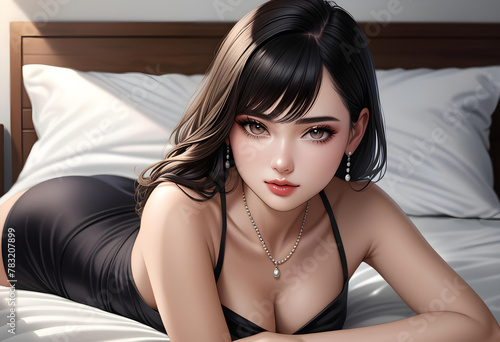 Una chica de hermoso pelo negro, recostada sobre la cama en actitud atractiva