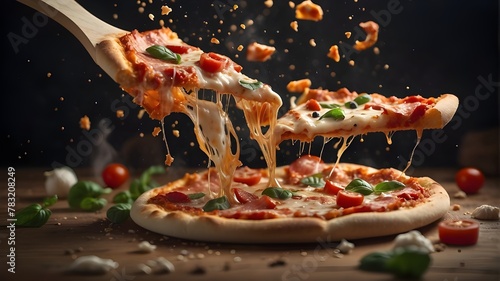 Using a slice of pizza as the primary subject, create a flying food shot with dynamic food splashes using photo