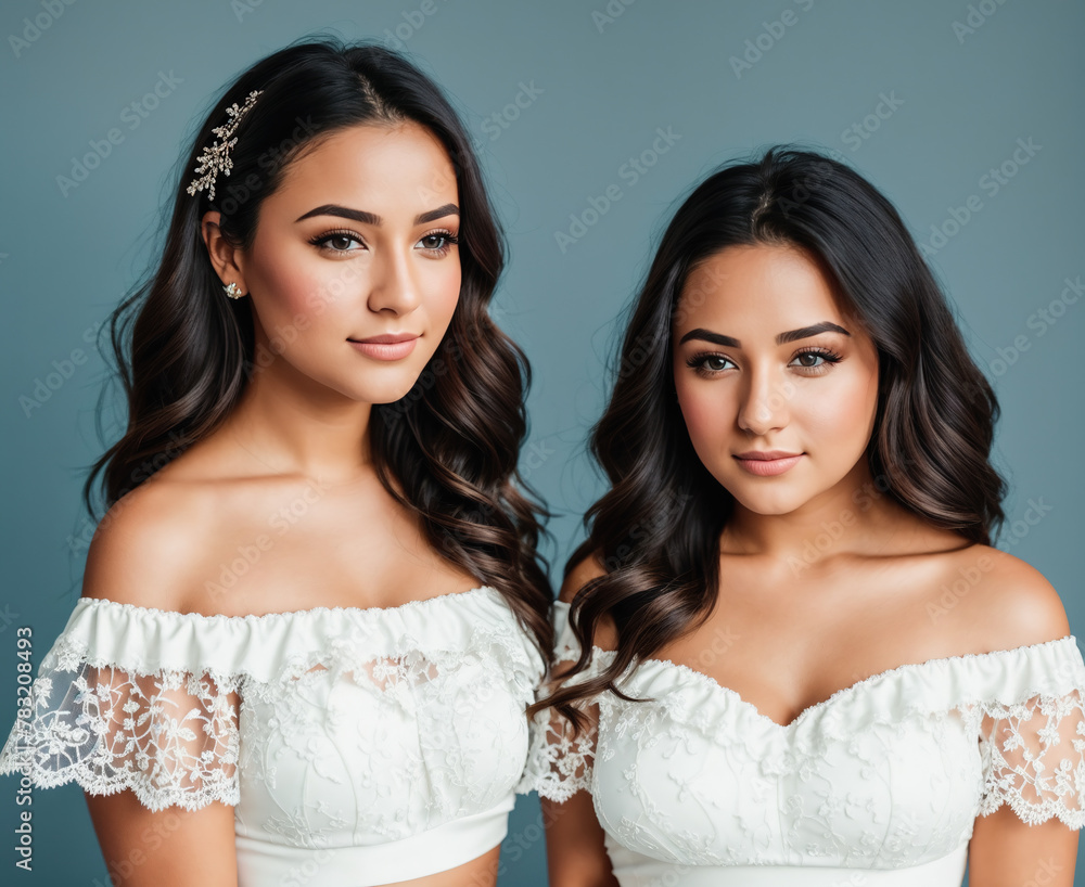 Two women wearing white wedding dresses with lace detailing on the bodice and sleeves. Two women wearing white wedding dresses with lace detailing on the bodice and sleeves.