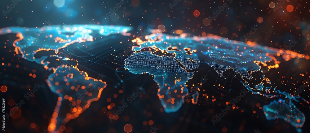 Fototapeta premium Holographic world map with flickering data points, cyber security concept