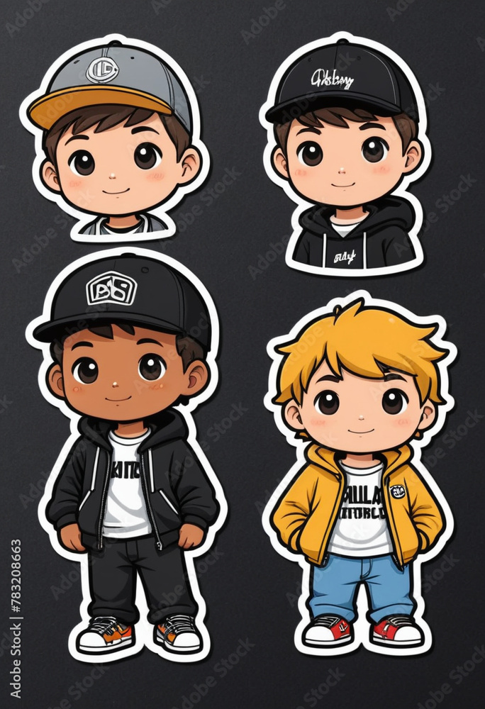 cute stickers of boys wearing streetwear, simple line art illustration, flat colors, black background, white border