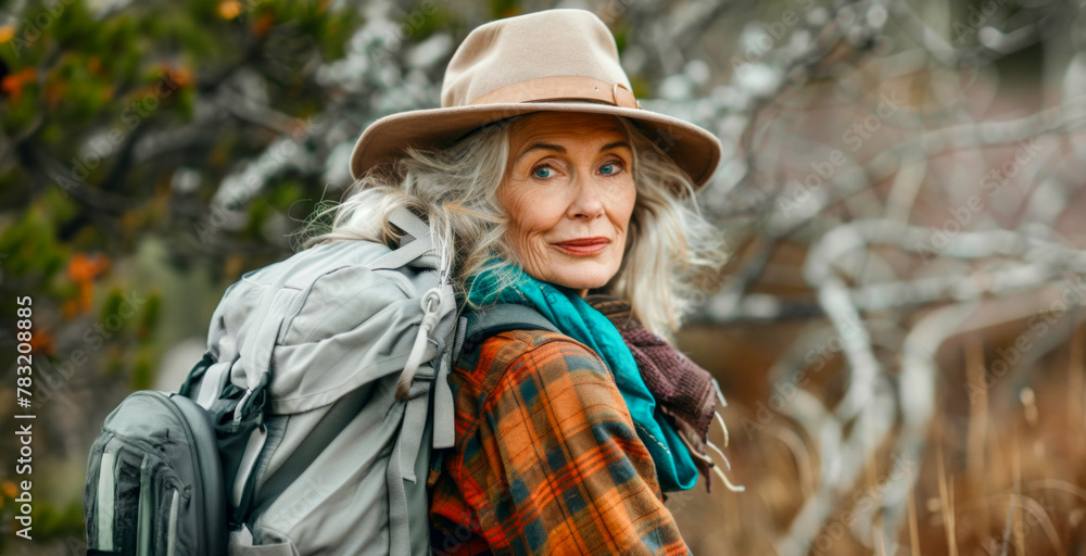 Mature woman with hat backpacking in a mountainous region
