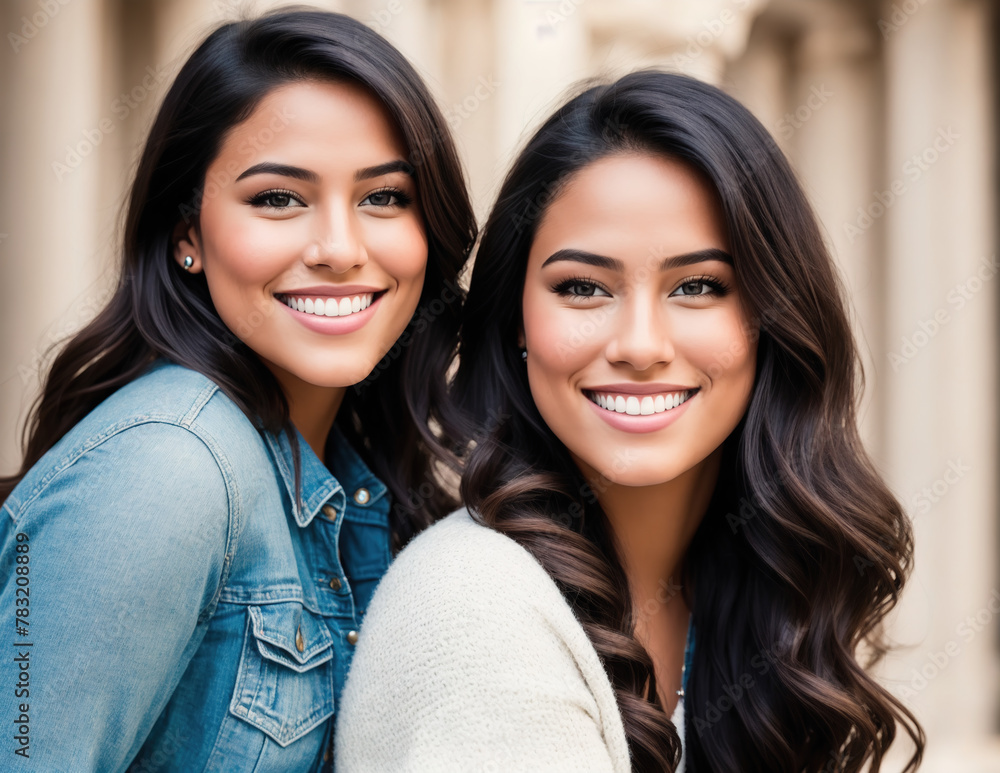 Two young women smiling at the camera. Two young women smiling at the camera.
