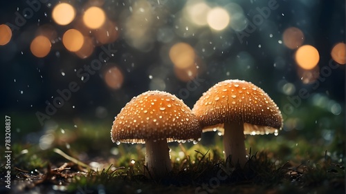 a close-up of two mushrooms covered in water droplets with a hazy boke of lights in the distance. photo