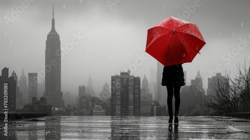 a person walking with a red umbrella on a street