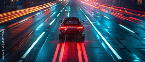 Future of transportation, vehicles guided by light lanes on the roads photo