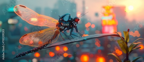 Illustrate a surreal scene of a mechanical dragonfly perched on a delicate butterflys wing photo