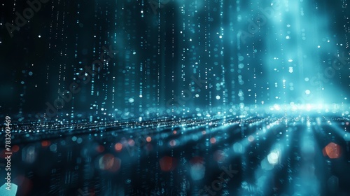 Minimalist 3D-rendered digital rain, soft light droplets symbolizing data proliferation photo