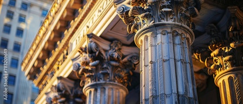 Elegant columns of an old stock exchange, classical design, strength in structure, detailed craftsmanship photo