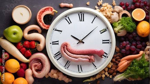 intestines used for digestion Dietary fasting and timing of nutrition Crohn's disease Fruit vegan clock and food for inflammatory bowel disease Duplicate the image of space Location for text or design photo