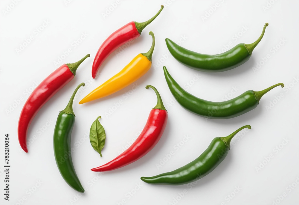 Fresh chilli on isolated white background on isolated white background, juicy and fresh, top view, Flat lay, no shadows
