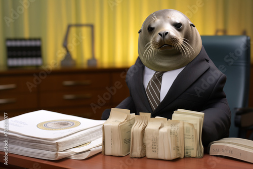A suit-wearing, anthropomorphic seal doing the paperwork at a busy office desk. A serious sea lion takes on the role of a manager in the corporate world, blending both animal and human characteristics