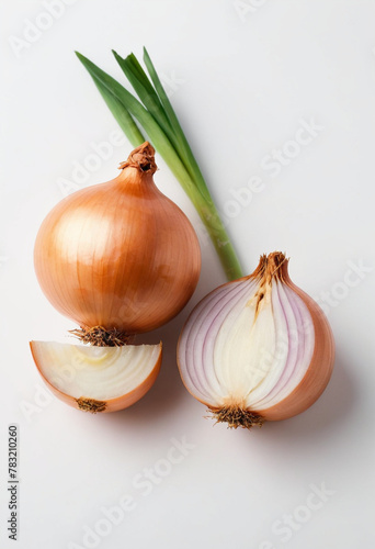 Fresh onion on isolated white background , juicy and fresh, top view, Flat lay, no shadows