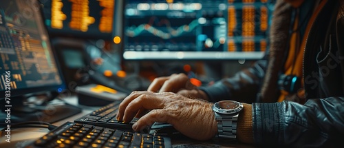 Close-up on trader's hands typing rapidly, sharp focus, adrenaline-fueled atmosphere photo