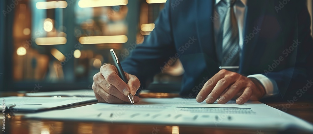 Close-up of executive signing financial documents, elegant pen, decisive moment - obrazy, fototapety, plakaty 