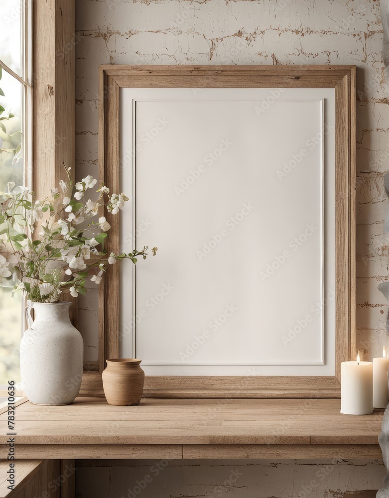 Close-up frame mockup in farmhouse interior, 3d rendering Close-up frame mockup in farmhouse interior, 3d rendering
